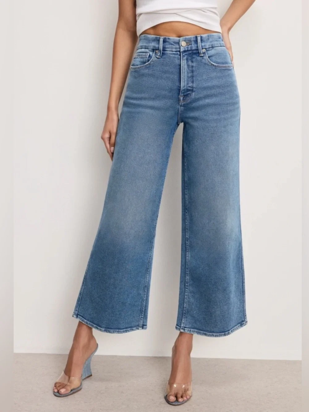 Good American Jeanius Good Skate High Waist Crop Wide Leg Jeans Light Indigo 14